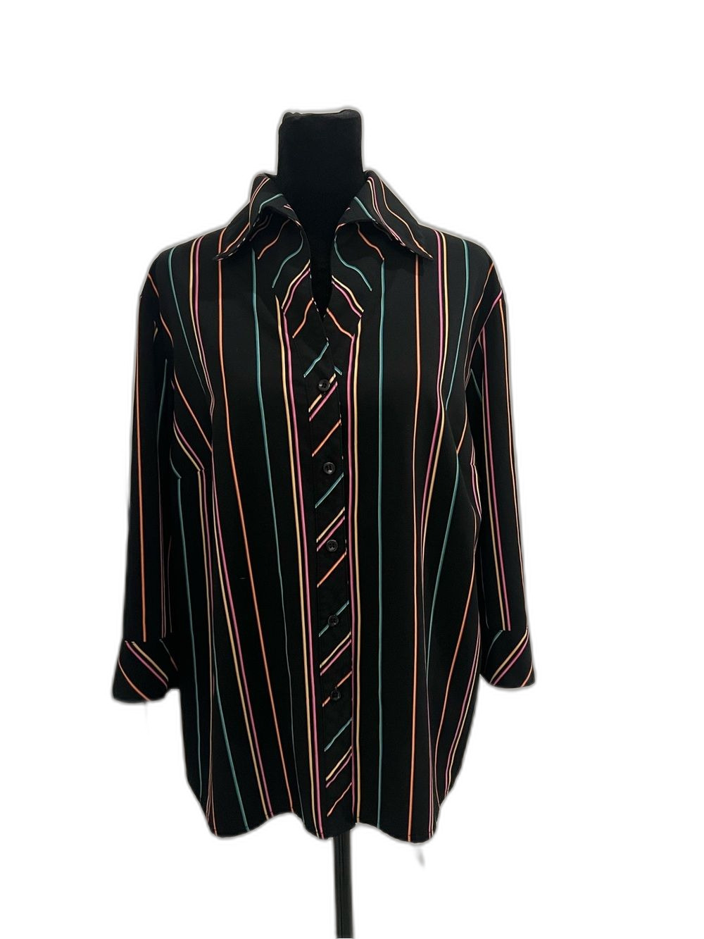 Lauren Lee Woman 1X Black Multicolor Striped Button Front Blouse Top